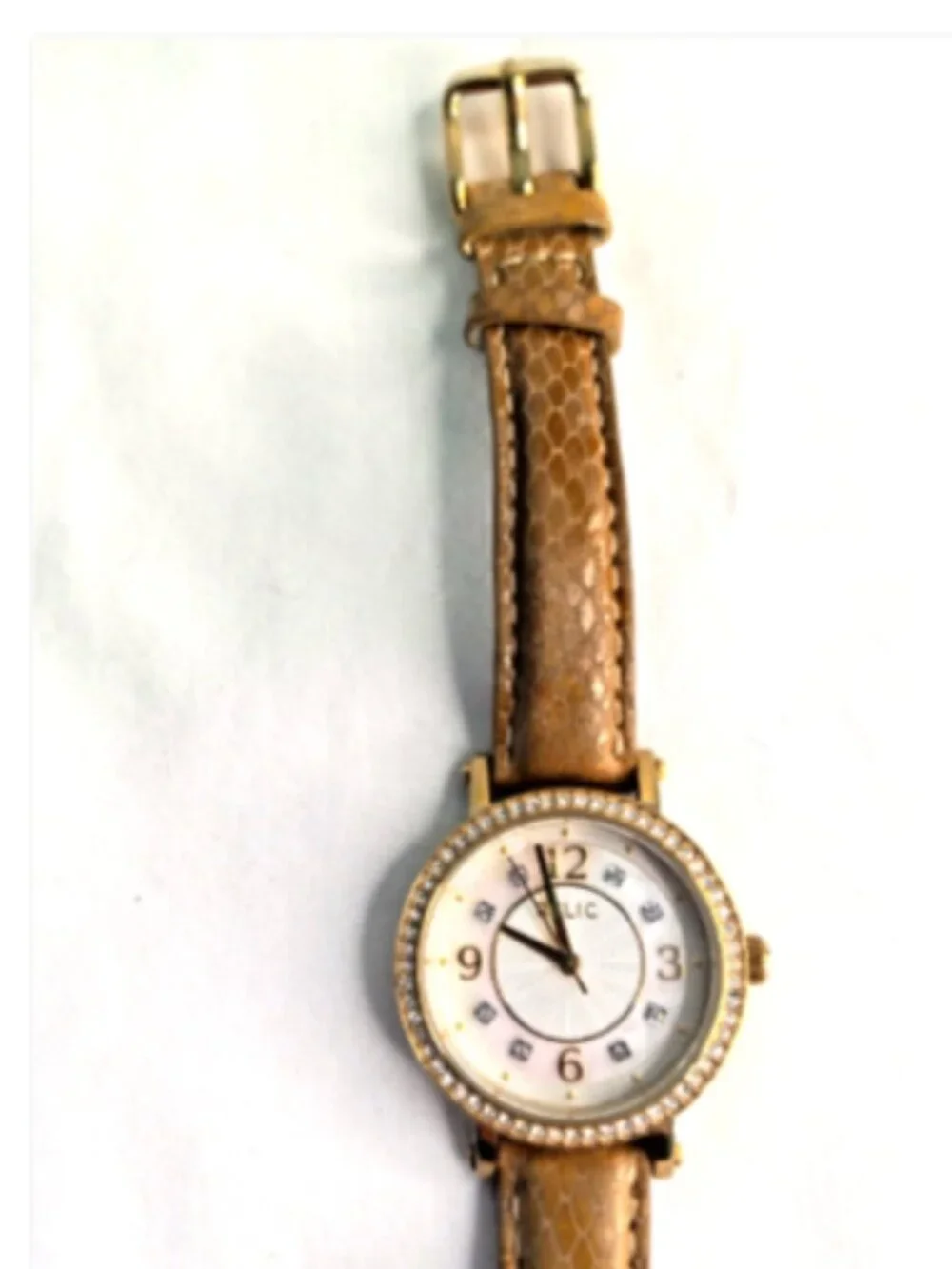 Relic by Fossil Women's Watch Tan Leather Crystal Bezel New Battery Runs ZR34158